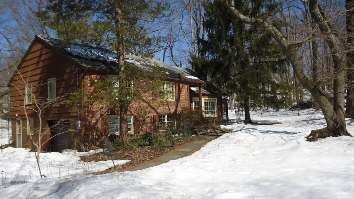 Brick and wood split-level house among tall trees with snow on the ground